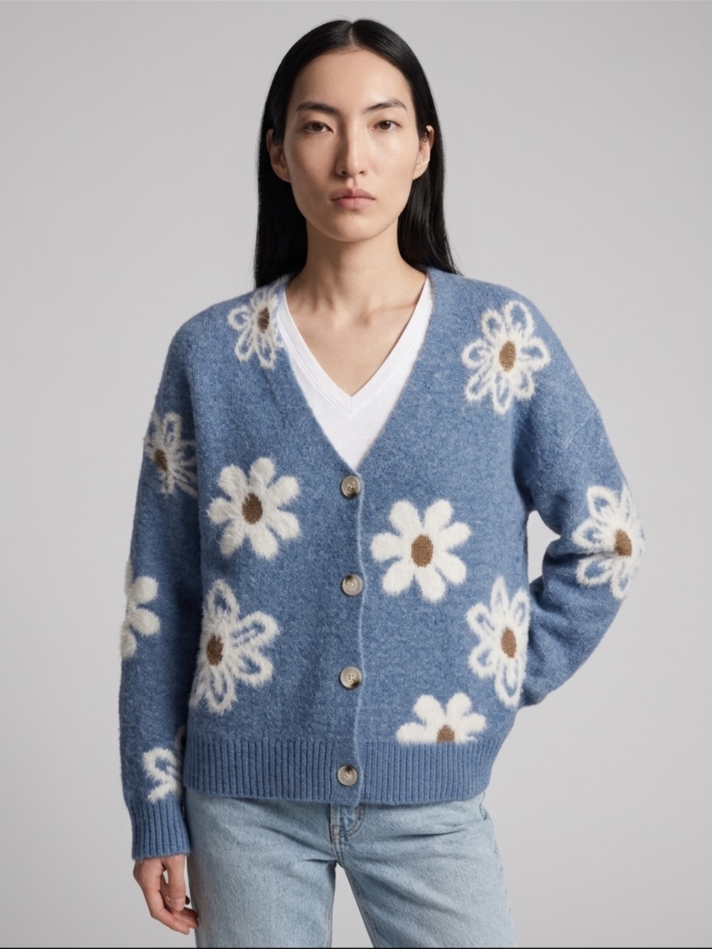 SHEIN Blue Daisy Floral V-Neck Button Front Cardigan Sweater